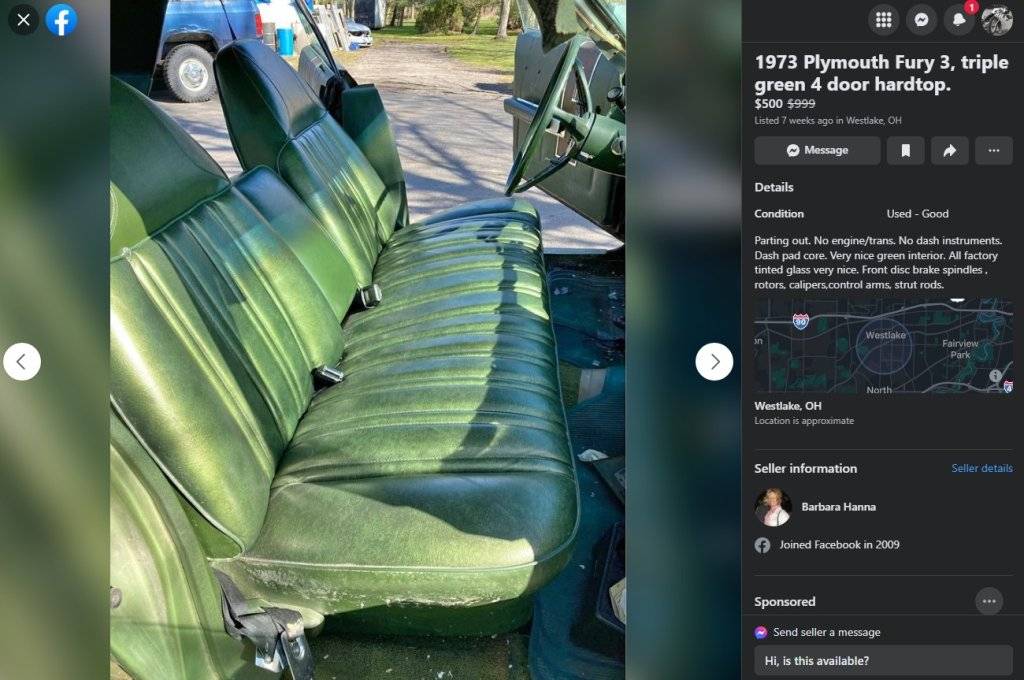 05-19-2023.(1) Marketplace - 1973 Plymouth Fury 3, triple green 4 door hardtop. - Facebook_.ww...jpg