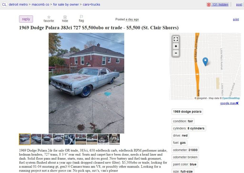 NOT MINE 1969 Dodge Polara 383 727 7,500 (St. Clair Shores) Page 2 For C Bodies Only