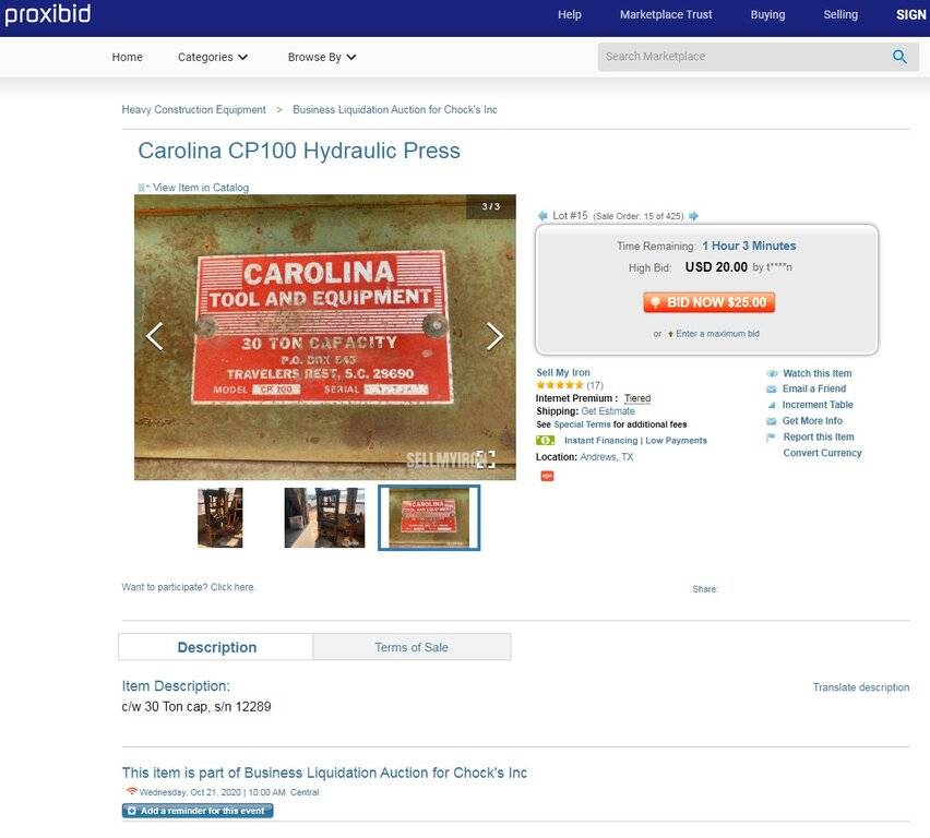 10-21-20.Carolina CP100 Hydraulic Press Auctions Online.www.proxibid.com.jpg