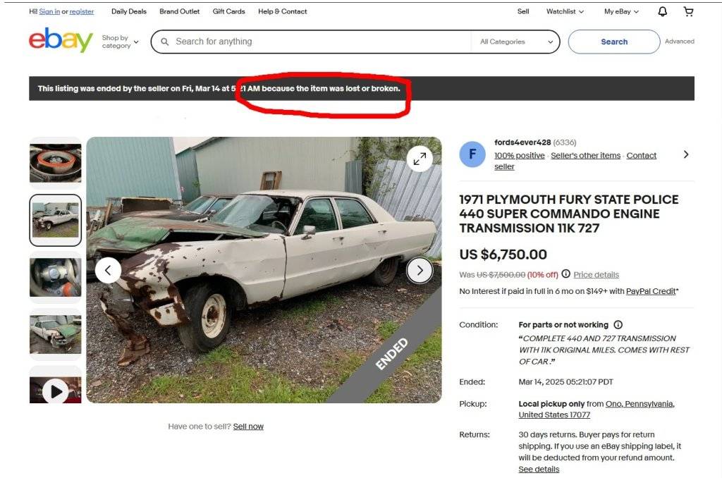 1971 PLYMOUTH FURY STATE POLICE 440 SUPER COMMANDO ENGINE TRANSMISSION 11K 727.sm.jpg