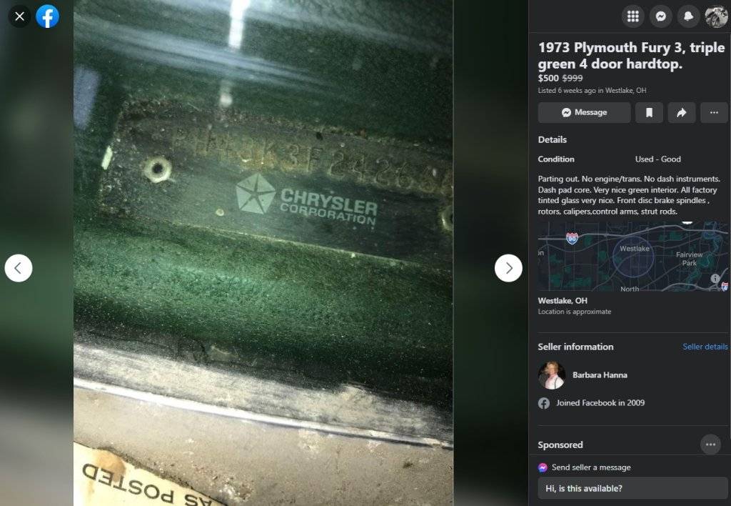 1973 Plymouth Fury 3, triple green 4 door hardtop 05-14-2023.Marketplace.www.facebook.com.jpg