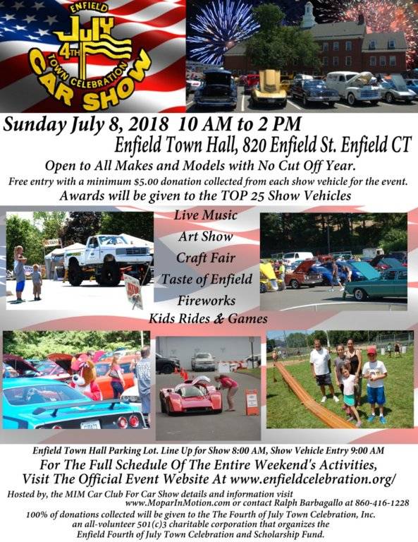 Enfield, CT July 4th Celebration Car Show (Sunday, July 8) For C