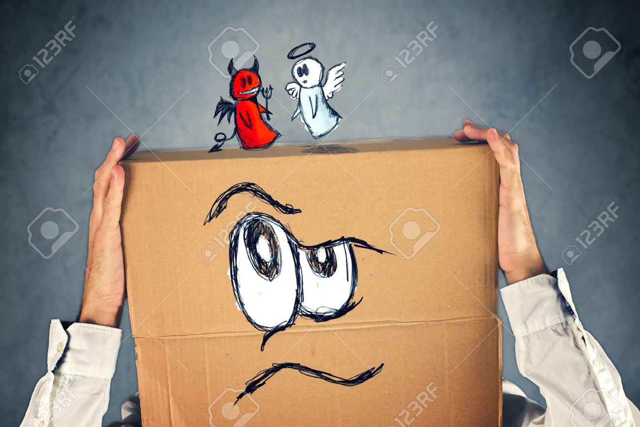 28363511-Businessman-with-a-cardboard-box-on-his-head-with-doodle-drawing-of-angel-and-devil-fighting-Concept-Stock-Photo.jpg